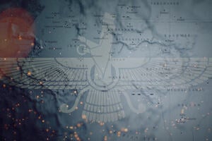 Image of the Zoroastrian fravohar against the background of a map of the ancient Persianate world